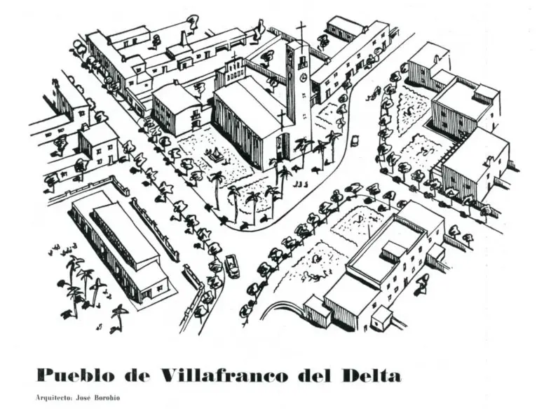 Dibujo del pueblo de Villafranco del Delta, arquitecto José Borobio