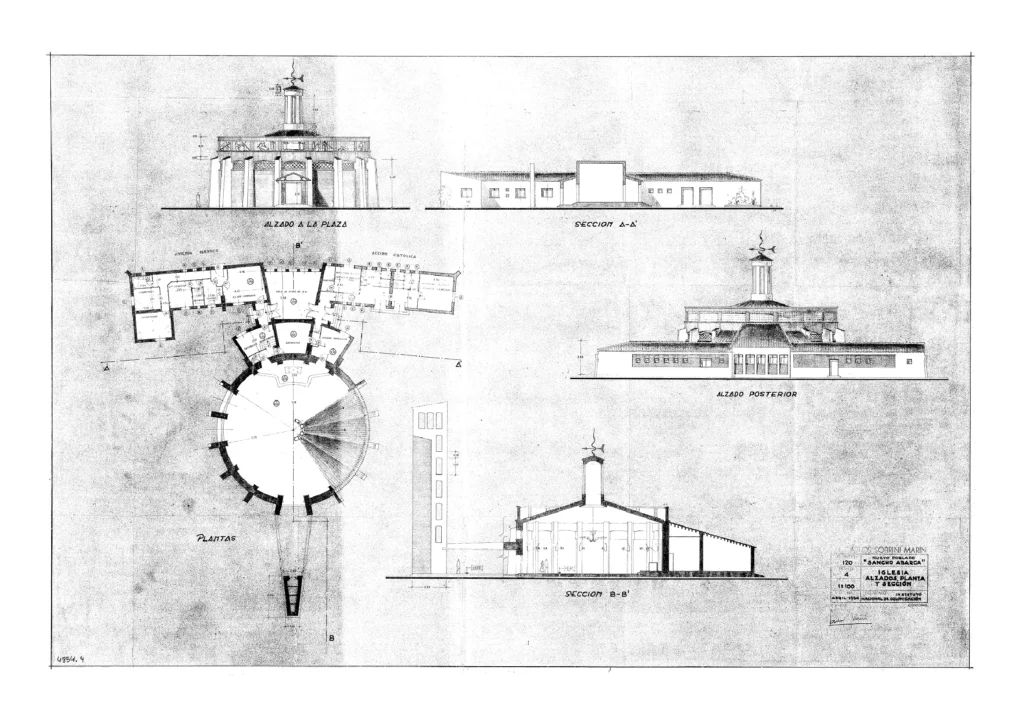 07 Plano C - Nuevo poblado Sancho Abarca - Iglesia, alzados, planta y sección