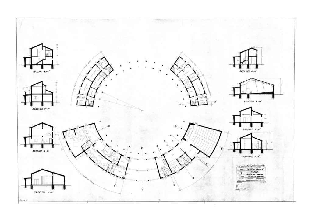 07 Plano E – Nuevo poblado Sancho Abarca – Plaza, Planta baja y secciones