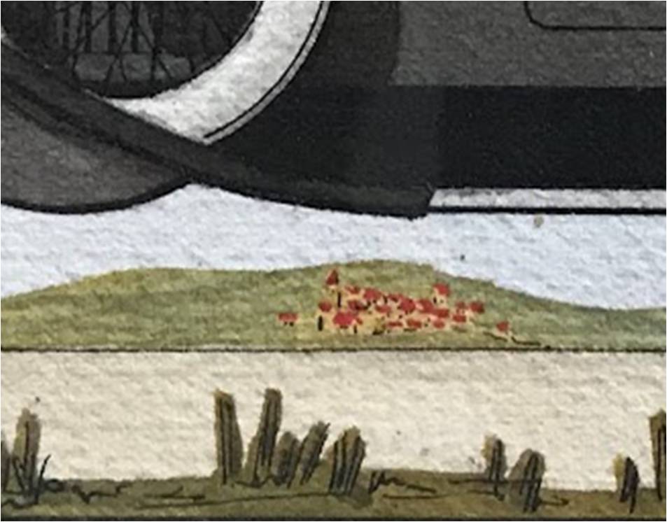 Detalle pueblo en dibujo coche HispanoSuiza - José Borobio